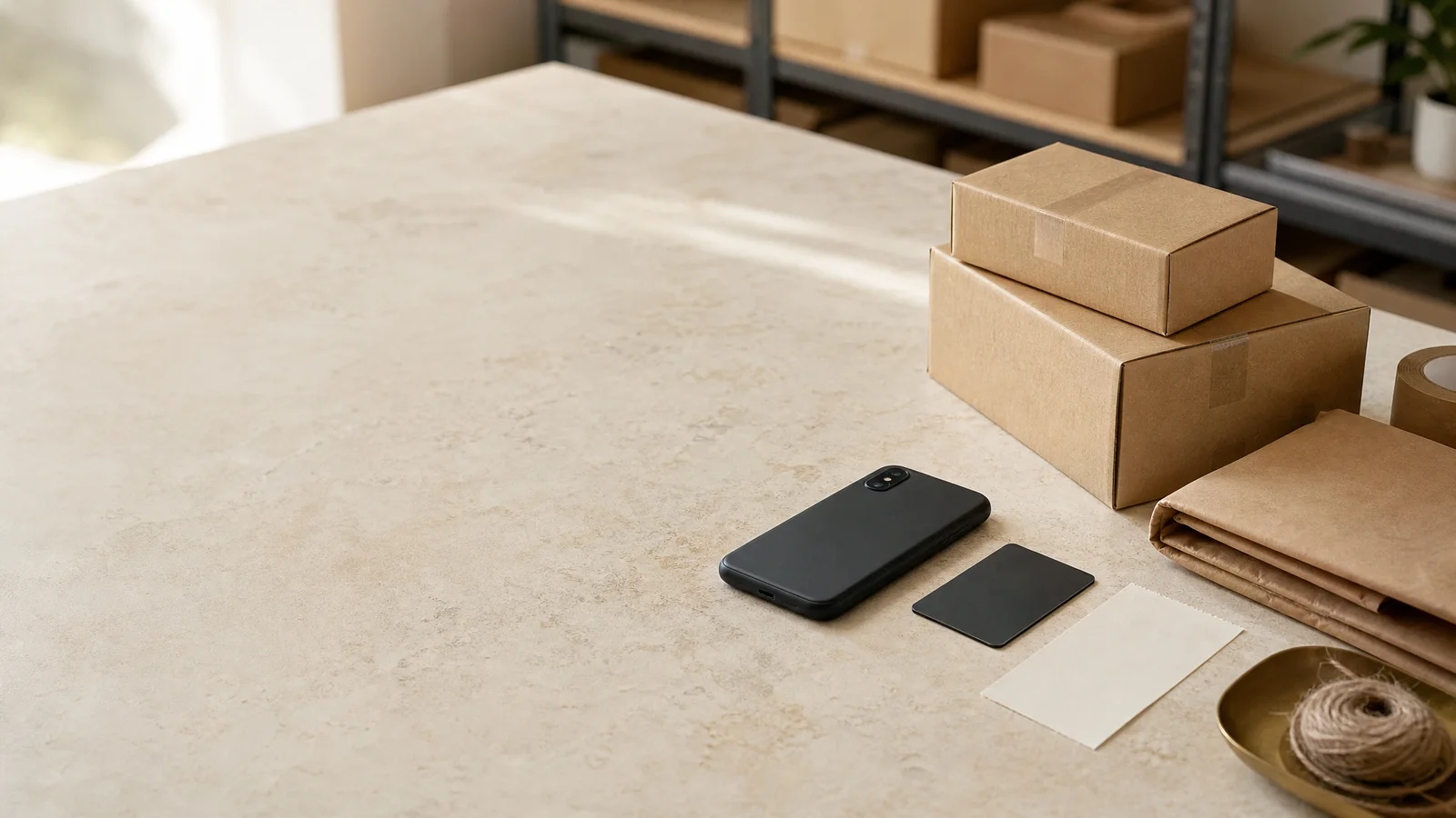AI-generated illustrative commerce setting with parcels, a phone and a blank payment card.