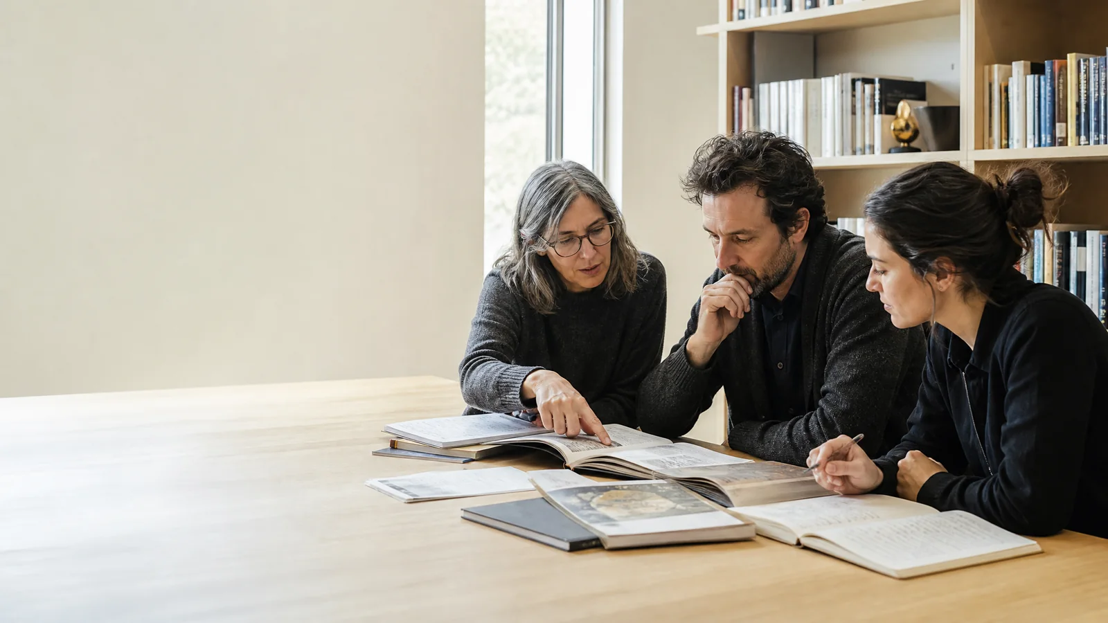 AI-generated illustrative scene of researchers comparing studies and notes together in a quiet institutional library.
