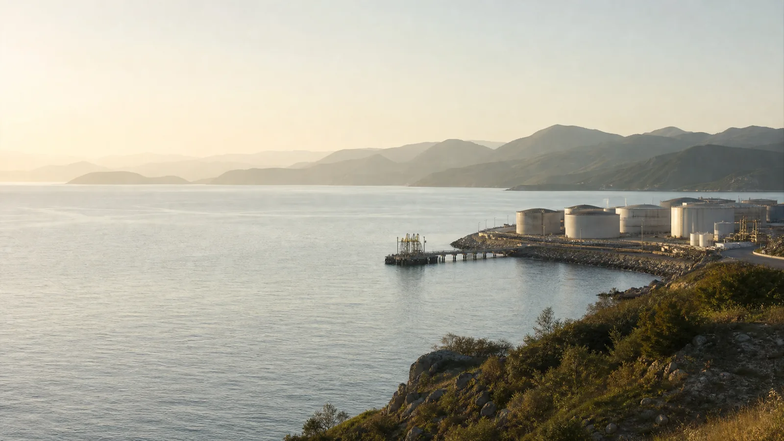 AI-generated illustrative coastal energy terminal beside a sheltered bay.