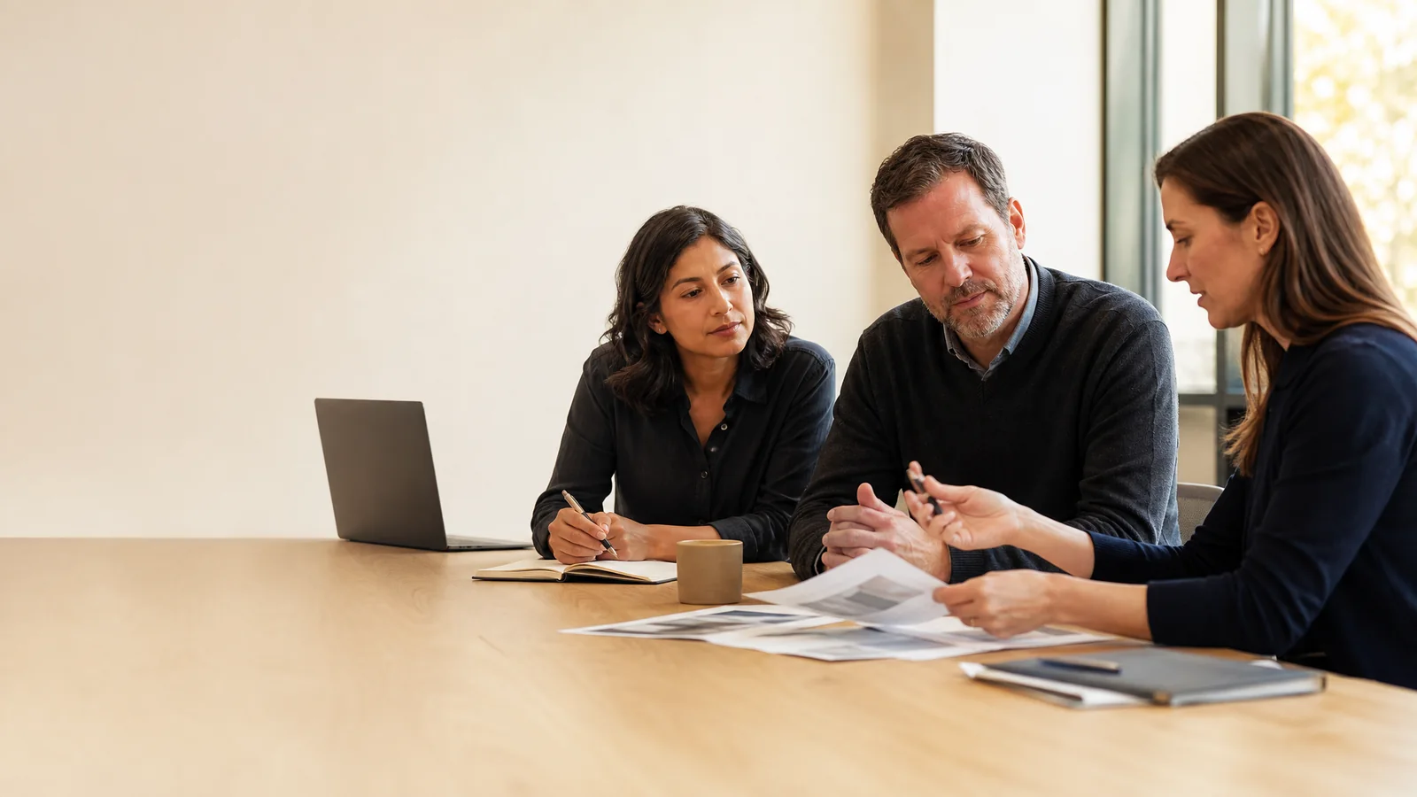 AI-generated illustrative scene of adult participants and an instructor discussing case material in a professional seminar.
