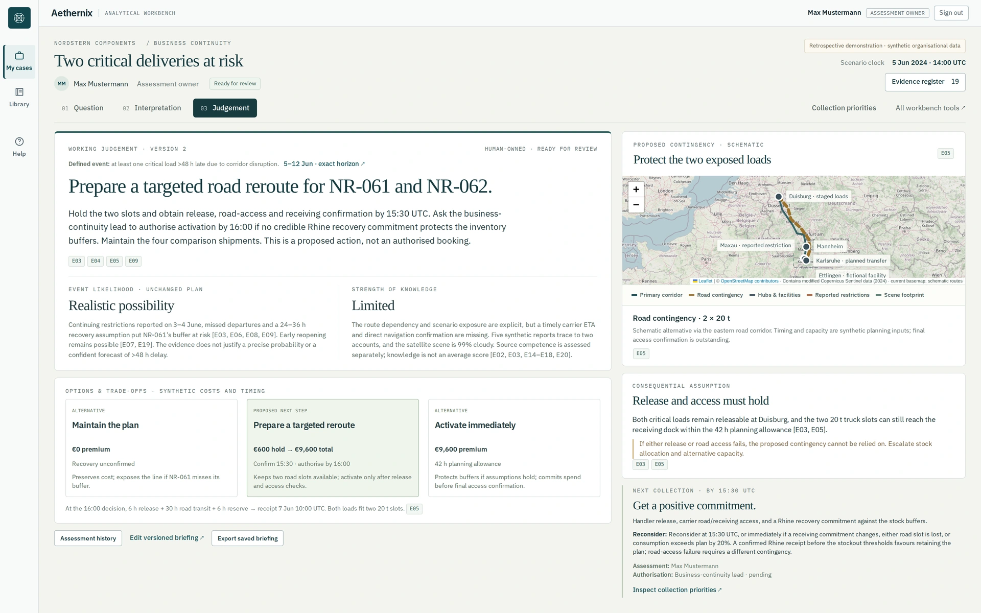 Aethernix judgement view, showing a conditional reroute proposal with explicit uncertainty and human authorisation.